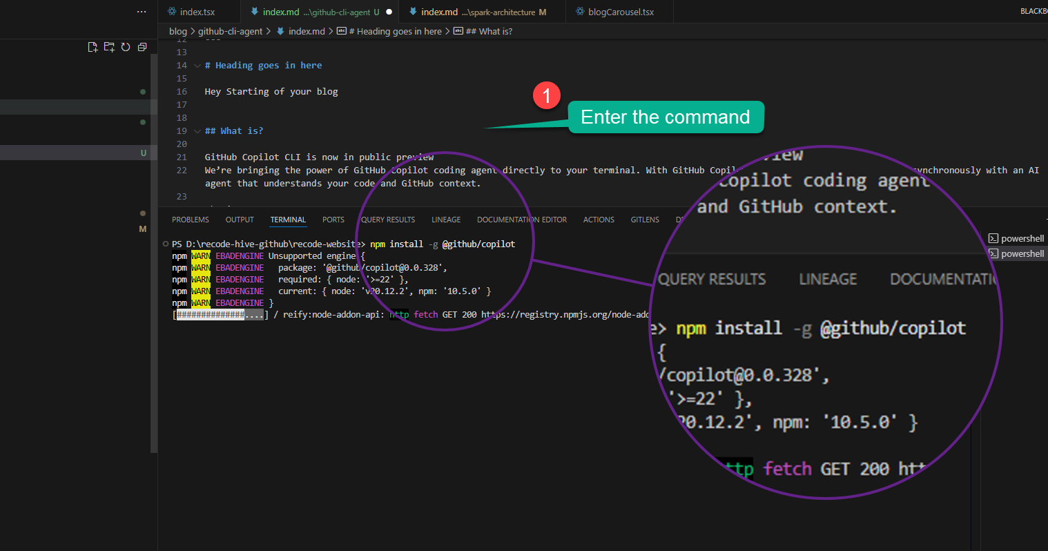Screenshot of npm install command for GitHub Copilot CLI