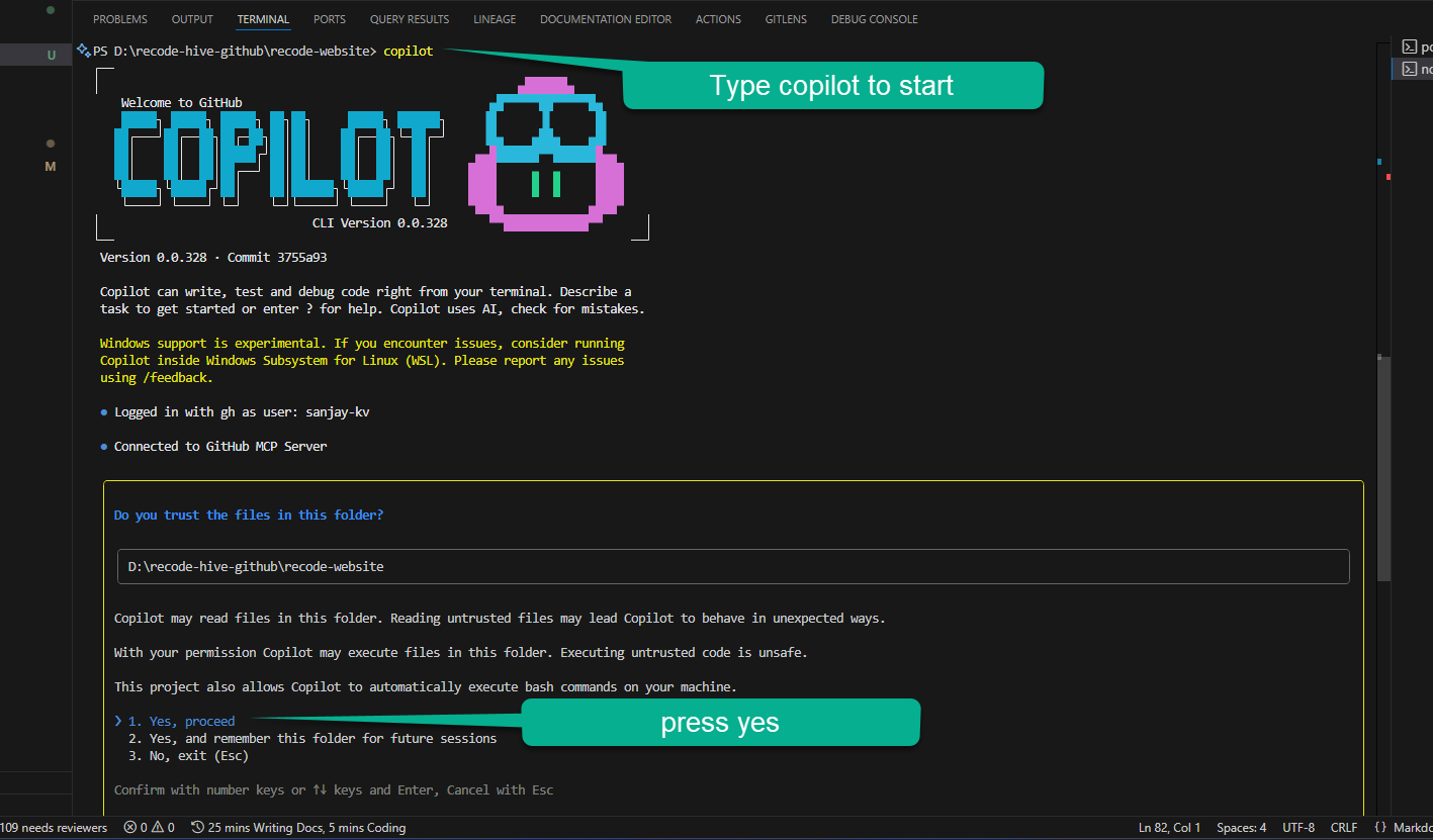 Splash screen of GitHub Copilot CLI showing navigation options