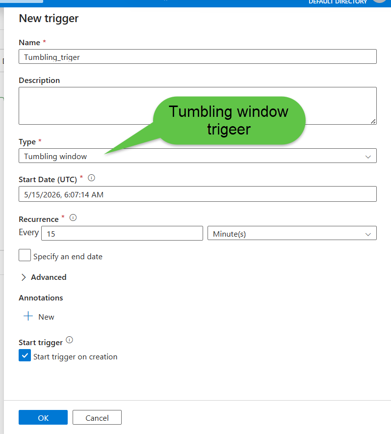 Azure Data Factory Tumbling Window trigger configuration showing 15-minute interval and retry policy