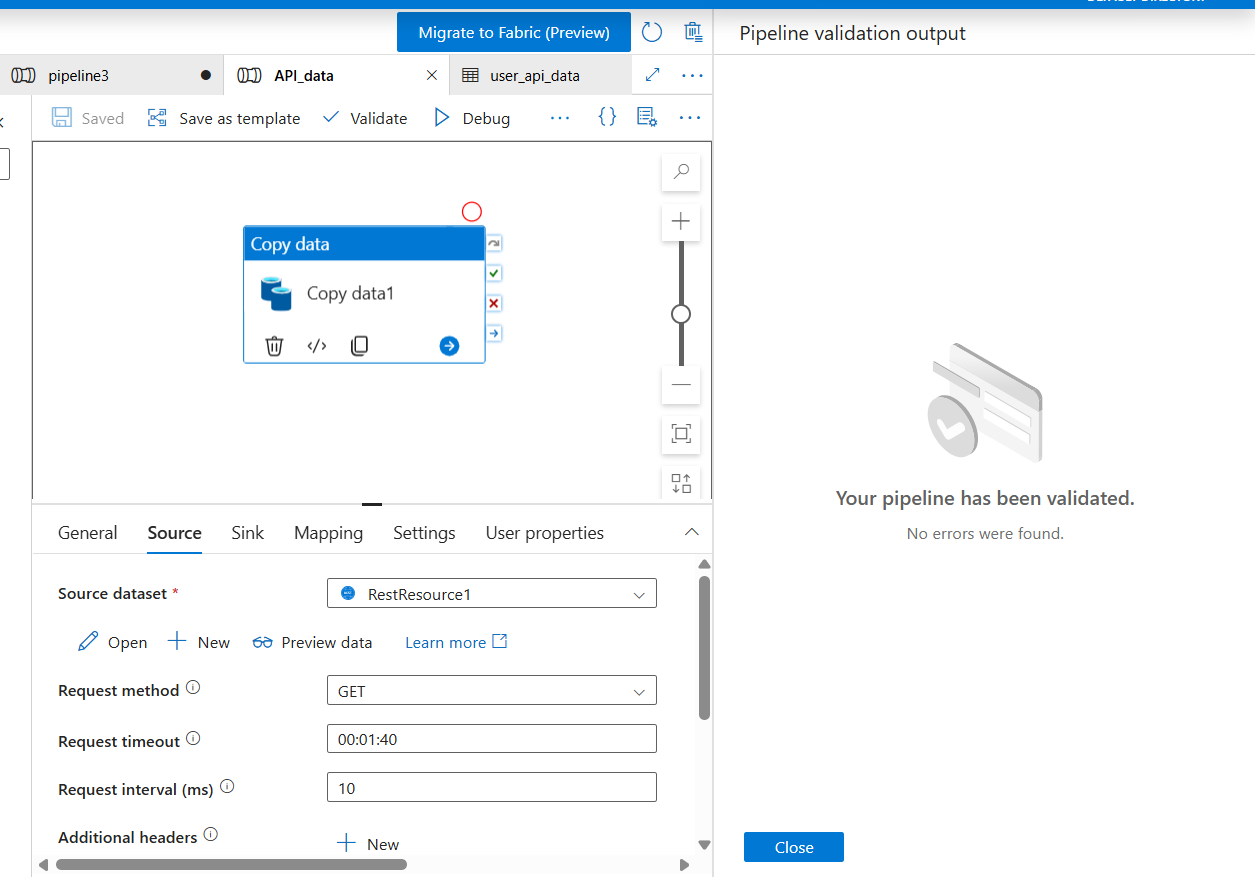 ADF pipeline canvas showing Copy Activity with Source and Sink configured, Debug button highlighted in toolbar