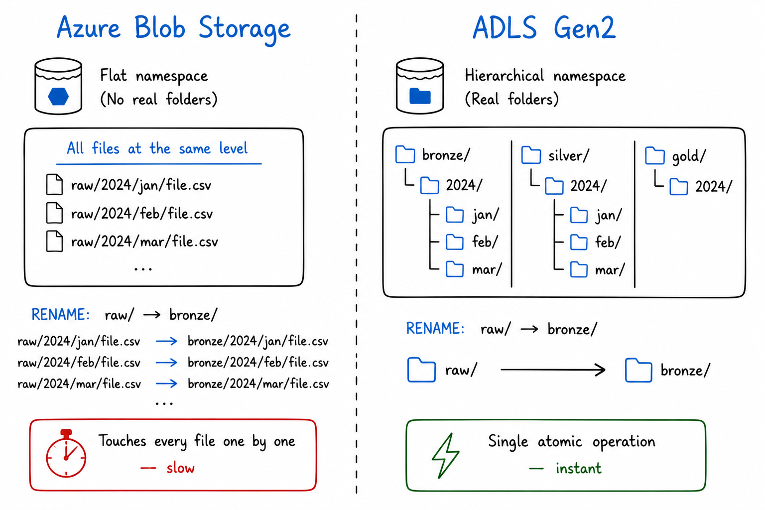 Side-by-side comparison of plain Blob Storage (flat key names, fake folders) vs ADLS Gen2 (real directory tree with Bronze/Silver/Gold layers). Rename operation shown on both sides — slow/sequential on left, instant/atomic on right.